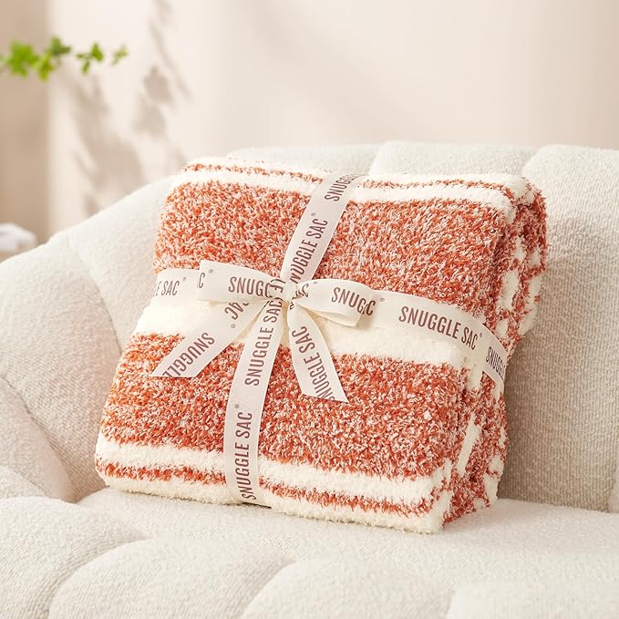Snuggle Sac Orange Fall Throw Blanket for Couch, Reversible Super Soft Blankets Warm Cozy Knit Fuzzy Plush Blankets for Sofa,Living Room, Stripe Orange,50x60 inches
