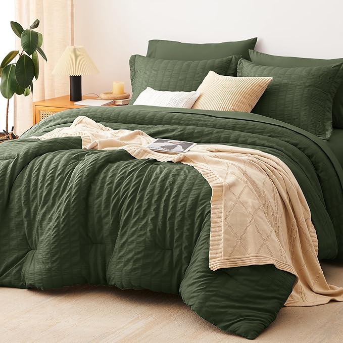 CozyLux King Size Comforter Set Olive Green Seersucker 7 Pieces Bed in a Bag King Comforter Set with Sheets, Luxury Bedding Set with Down Alternative Comforter, Sheets, Pillowcases & Shams All Seasons