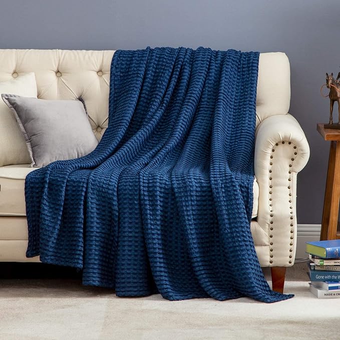 Bedsure Cooling Cotton Waffle King Size Blanket - Lightweight Breathable Summer Blanket of Rayon Derived from Bamboo for Hot Sleepers, Luxury Throws for Bed, Couch and Sofa, Navy, 104x90 Inches