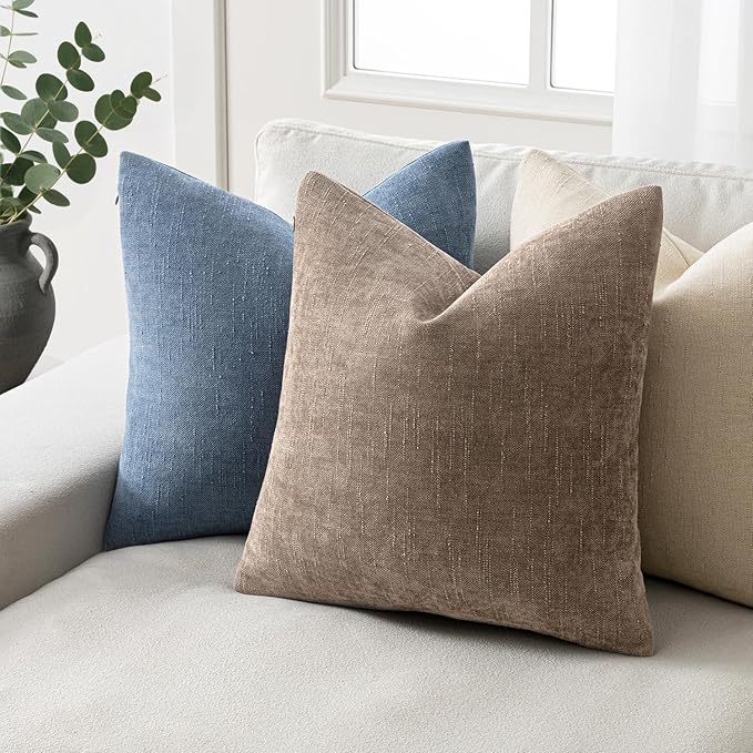 Woaboy Set of 2 Textured Throw Pillow Covers Decorative Soft Accent Square Chenille Pillowcases Neutral Farmhouse Cushions Modern Home Decor for Couch Sofa Bedroom Living Room 20x20 Inch, Taupe Gray