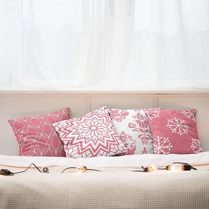 Ambesonne Retro Throw Pillow Cushion Case Pack of 4, Trellis Grid Medieval Floral Damask Mandala Flower Ornament in Modern Monochrome, Modern Accent Double-Sided Digital Printing, 20", Pastel Pink