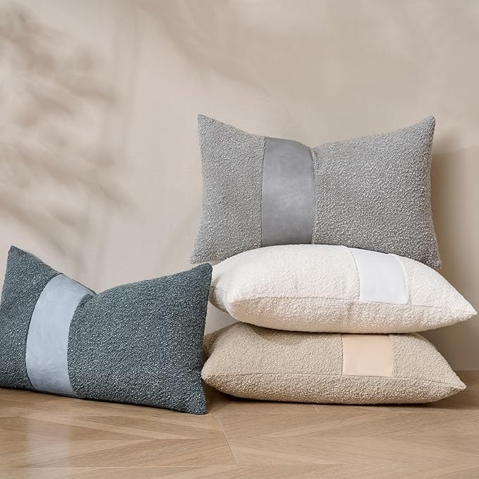Pack of 2 Faux Leather Boucle Throw Pillow Covers 20"x12" Blue Chic Accents Textured Rectangular Lumbar Decorative Pillow Cases for Living Room Couch Bed Farmhouse Boho Home Decor