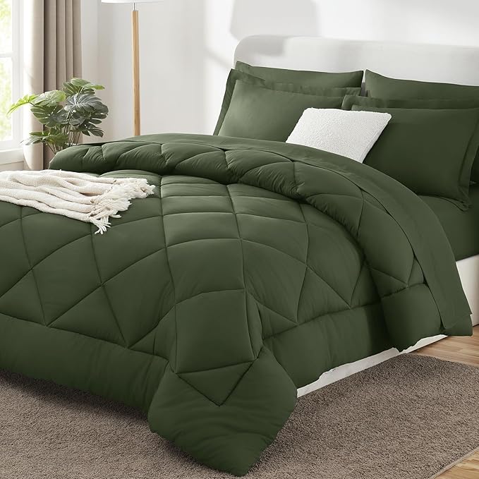 CozyLux King Size Comforter Set Olive Green - 7 Pieces Bed in a Bag King, Luxury Soft Bed Set for All Seasons, Bedding Set with Down Alternative Comforter, Sheets, Pillowcases & Shams