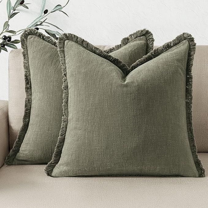 Woaboy Decorative Linen Fringe Throw Pillow Covers Boho Farmhouse Soft Euro Accent Pillowcases with Tassels Christmas Home Decor for Livingroom Couch Sofa Bed,26x26 Inch Set of 2,Olive Green