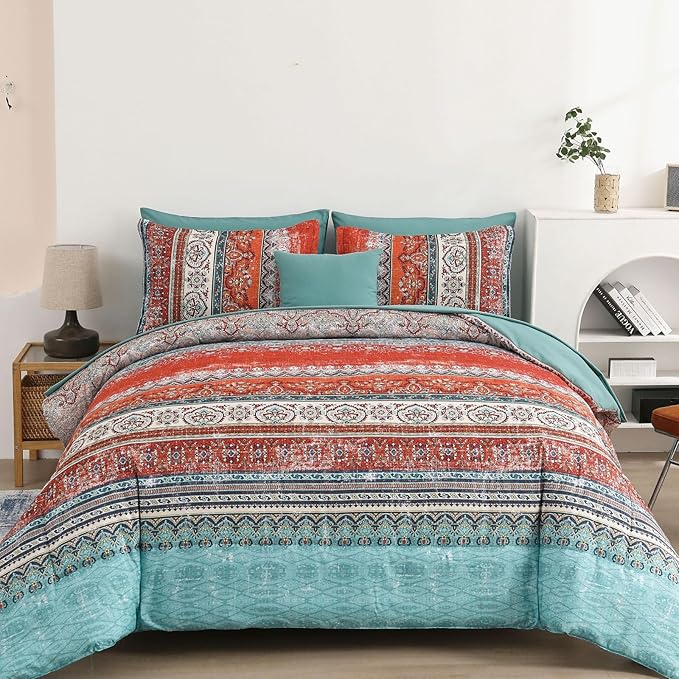 Cottolester Boho Queen Comforter Set 8 Pieces, Terracotta Comforter Bohemian Striped Bed in A Bag,Soft Microfiber Bedding Set for All Seasons
