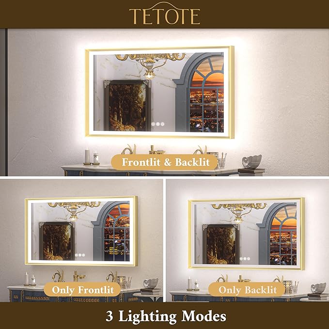 TETOTE LED Bathroom Mirror with Lights Gold Metal Framed 40x24 Frontlit & Backlit Vanity Mirror Baroque Antifog Stepless Dimmable White/Warm/Natural,CRI90+,Waterproof,Wall Mounted(Horizontal/Vertical)