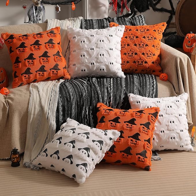 Halloween Decorations Set of 2 Double-Sided Halloween Pillow Covers 16" x 16", with 2 Different Looks, Pumpkin Bat & Pumpkin with Hat, Plush Faux Fur Throw Pillow Covers for Home Decor