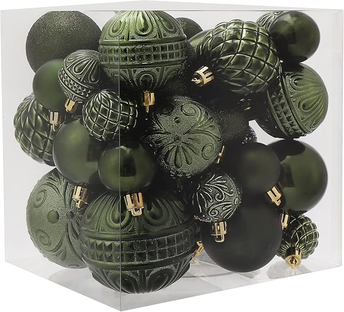 Christmas Ball Ornaments Dark Green Christmas Tree Decorations with Hang Rope-36pcs Shatterproof Christmas Ornaments Set with 6 Styles in 3 Sizes(Small Medium Large)