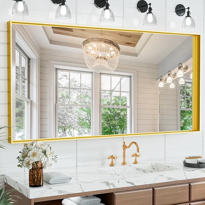 60x30 Inch Gold Bathroom Mirrors for Over Sink, Modern Rectangle Mirror, Large Framed Mirrors, Tempered Glass, Wall Mounted for Bedroom Living Room Horizontal/Vertical