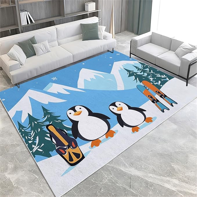 Area Rug 5x8 ft Cartoon Penguin Snowboard Blue Living Room Non-Slip Rug, 3D Print Floor Carpet, Soft Large Area Rugs for Bedroom Dining Room Kitchen, Washable Low-Pile Rug