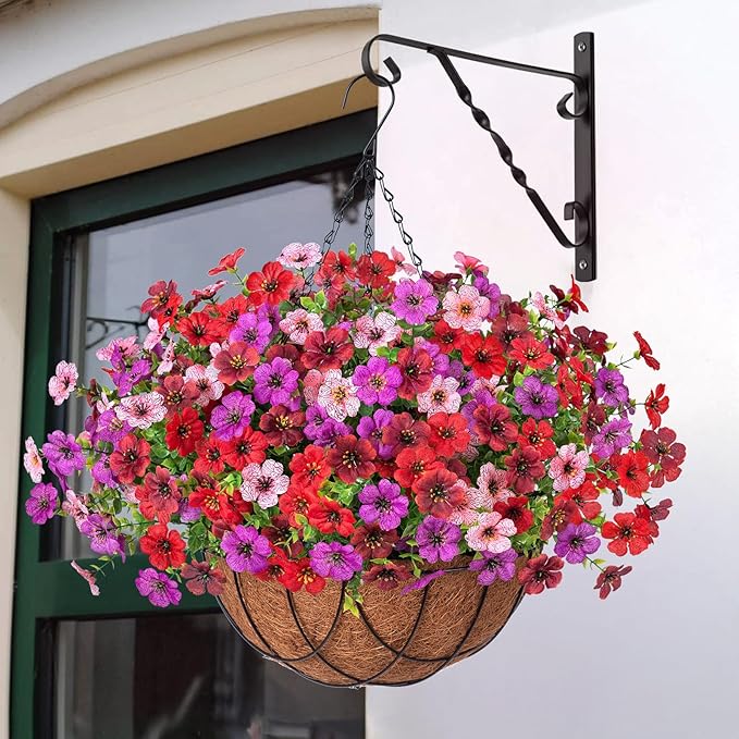 Artificial Silk Flowers Hanging Baskets Outdoors Indoors, Fake Daisy with Eucalyptus Leaves Arrangement for Garden Yard Spring Summer Decor Faux Green Plant(Red Brown Purple Pink)