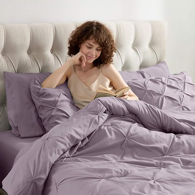 Nestl Queen Comforter Set 7 Piece - Pinch Pleated Comforters Queen Size Dusty Purple, Bed in a Bag Queen All Season, Queen Comforter Sets Bedding with Flat Sheet, Fitted Sheet, Pillowcases and Shams