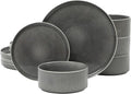 Gibson Elite Solana Coast 12 Piece Stoneware Reactive Glaze (Service for 4) Ceramic Plates and Bowls Modern Shape Embossed Dinnerware Set - Black