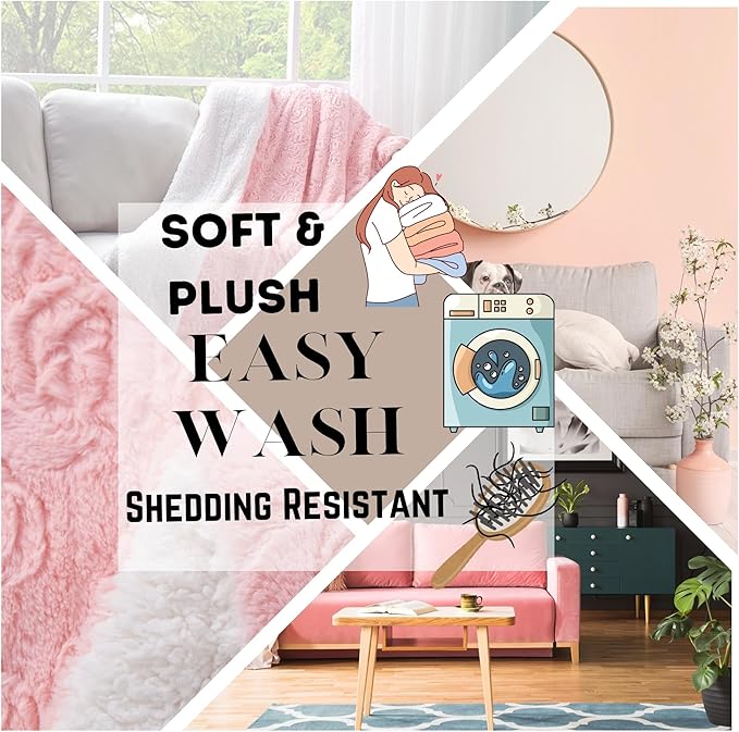 DaDa Bedding Luxury Faux Fur Throw Blanket - [ Non Shedding - Machine Washable] Fluffy Super Cuddly Soft Roses Sherpa Backside - Warm Plush for Lap or Sofa - Bright Vibrant Pink & White - 90" x 90"
