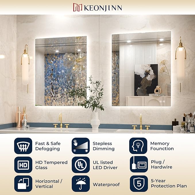 Keonjinn Bathroom Mirror with Lights 40 x 28 Inch, LED Mirror with Backlit, Anti Fog Lighted Mirror with Stepless Dimmable, UL Listed LED Driver, Waterproof, CRI90+, HD Tempered Glass