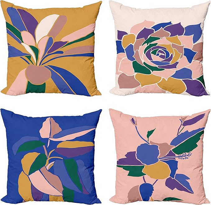 Ambesonne Floral Throw Pillow Cushion Case Pack of 4, Abstract Flowers and Petals with Exotic Vibes Colorful Modern Style, Modern Accent Double-Sided Digital Printing, 20", Rose Dark Violet Mustard