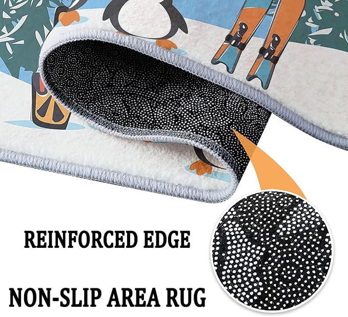 Washable Area Rug 3x5 ft Cartoon Penguin Snowboard Blue 3D Print Area Rug for Living Room Bedroom Kids Room Home Decor Carpet, Indoor Non-Slip Floor Rug Mat, Low Pile Rugs