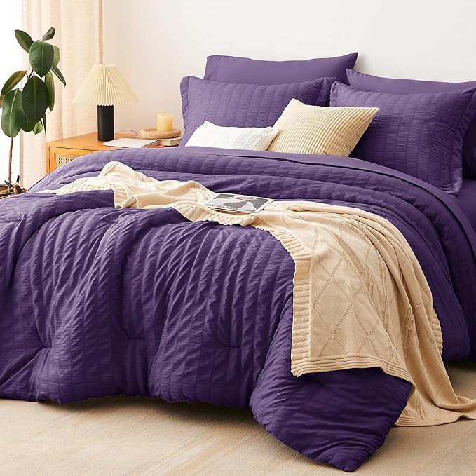 CozyLux Full Size Comforter Sets with Sheets 7 Pieces, Purple Seersucker Bed in a Bag Textured Luxury Soft Bedding Set with Down Alternative Comforter, Sheets, Pillowcases & Shams for All Seasons
