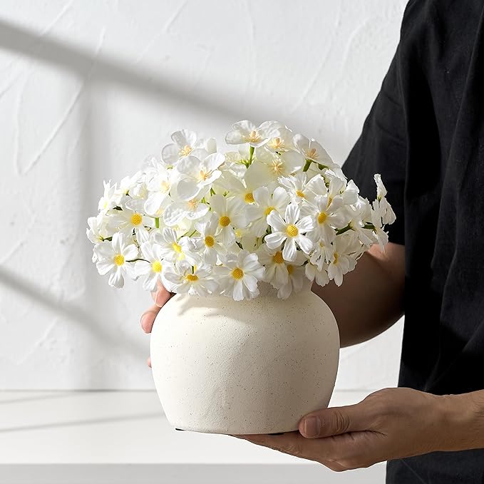 SIDUCAL Ceramic Flower Vase with Wide Mouth Lace, 4.8 Inch Pottery Rustic Farmhouse Boho Vases, Small Terracotta Vase for Home Decor, Table, Living Room, Bathroom, Shelf, Wedding, White