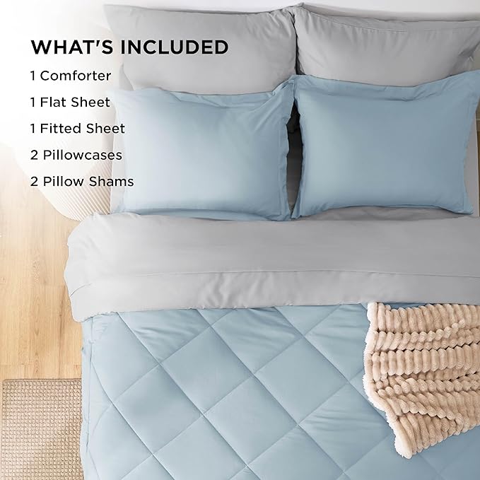 Bedsure Full Size Comforter Set - 7 Pieces Reversible Sky Blue Bedding, Full Size Bed Set for All Seasons, Bed in a Bag with Down Alternative Comforter, Sheets, Pillowcases & Shams