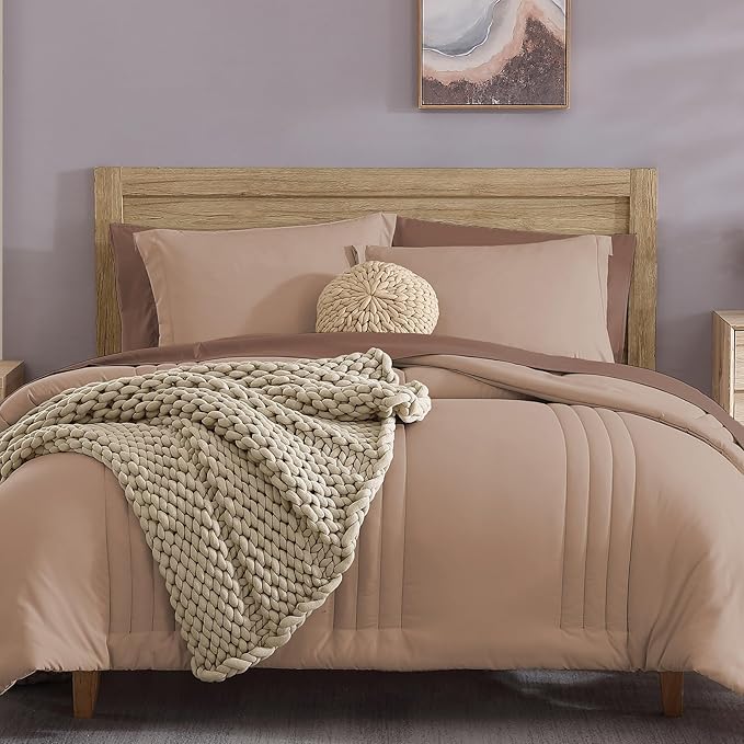 Monbix King Size Comforter Set - 7 Pieces Bed in a Bag King, Rust Pink Bedding Sets with Comforter, All Seasons Down Alternative Comforter Bed Set with Sheets, Pillowcases & Shams