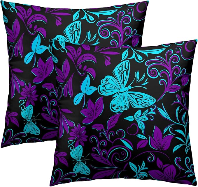 Teal Purple Butterfly Pillow Covers - Butterflies Throw Pillow Covers Floral Pillowcases Flowers Cushion Cover for Sofa Bedroom Patio 16x16 Inch