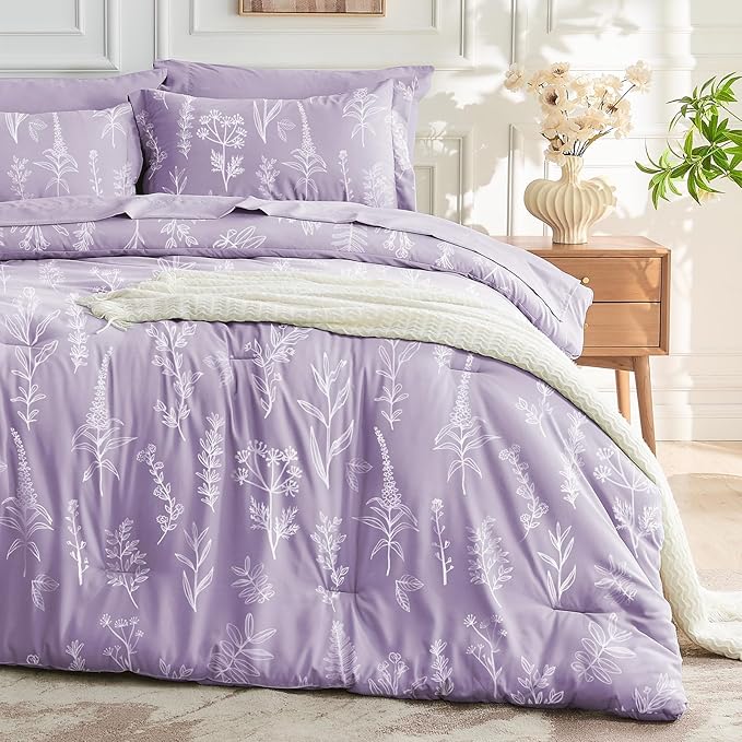 MUXHOMO Lavender Purple Bed in a Bag Queen 7 Pieces, Queen Comforter Set Reversible Botanical Flowers Design, Ultra Soft & Breathable Bedding Sets with Comforter, Sheets, Pillowcases & Shams