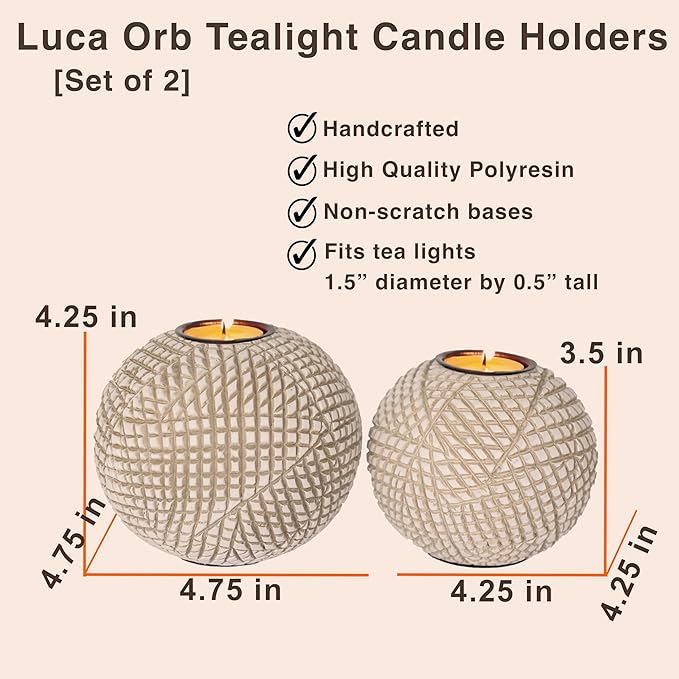 Luca Orb Tea Light Candle Holders (Gift Boxed Set of 2) Grid Pattern, Beige and White