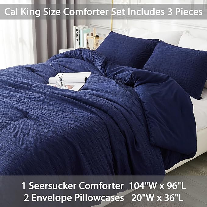 AveLom Navy Blue Seersucker California King Comforter Set (104x96 inches), 3 Pieces-100% Soft Washed Microfiber Lightweight Comforter with 2 Pillowcases, All Season Down Alternative Bedding Set