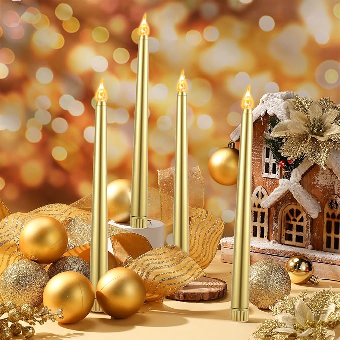 Honoson 4 Pieces Halloween LED Taper Advent Candles Flameless Taper Flickering Candles for Halloween Christmas Advent Rituals Holidays Church, Celebration Home Decor(Gold,Classic Style)