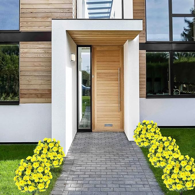 Artificial Boxwood Topiary Ball Trees with Ground Spikes UV Resistant Faux Greenery Shrubs Fake Shrubs for Outdoors, Realistic Faux Plants Bushes for Garden Porch Yard Patio Decor (Yellow)
