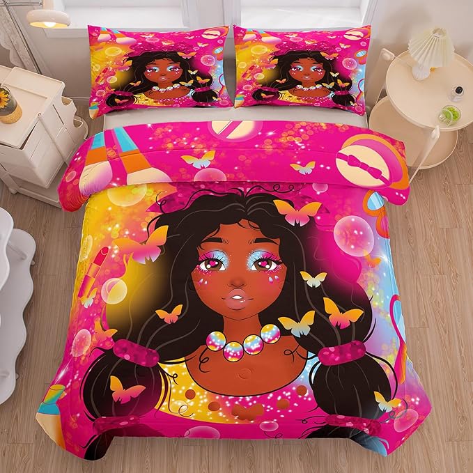 Tailor Shop Kawaii Black Girl Comforter Set King Bedding Sets for Girls Fantasy Magic Cosmetic Pink Comforter African American Black Girl Bedding Set Girls Room Decor with 2 Pillowcases
