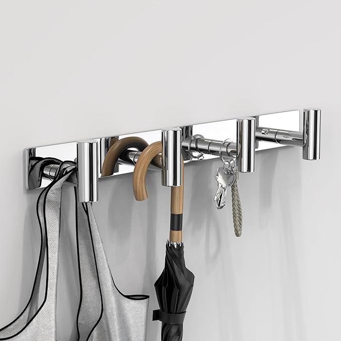 VAEHOLD Hat and Coat Wall Mount Rack - Hooks for Robes, Bags, Keys, and Towels - Bathroom Towel Hanger Organizer (Polished Chrome, “T“ Shape 4 Hooks 1 Pack)