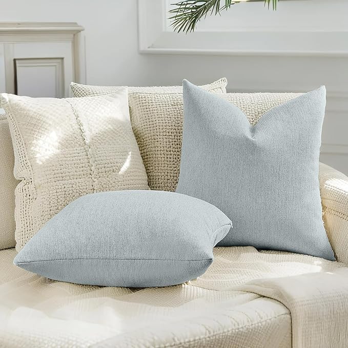 HAUSSY Dusty Blue Throw Pillow Covers 26x26 Inch Set of 2,Boho Decorative Faux Linen Throw Pillows Cozy Farmhouse Accent Cushion Covers,Home Decor for Couch Sofa Bed Living Room