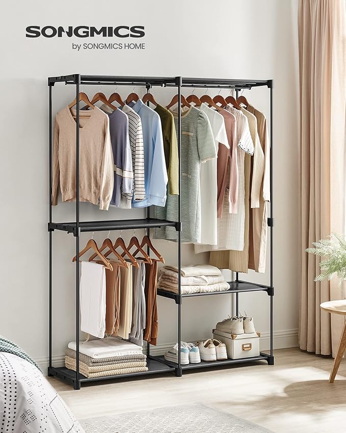 SONGMICS Portable Closet, Freestanding Closet Organizer, Clothes Rack with Shelves, Hanging Rods, Storage Organizer, for Cloakroom, Bedroom, 54.3 x 16.9 x 71.7 Inches, Black URYG025B02