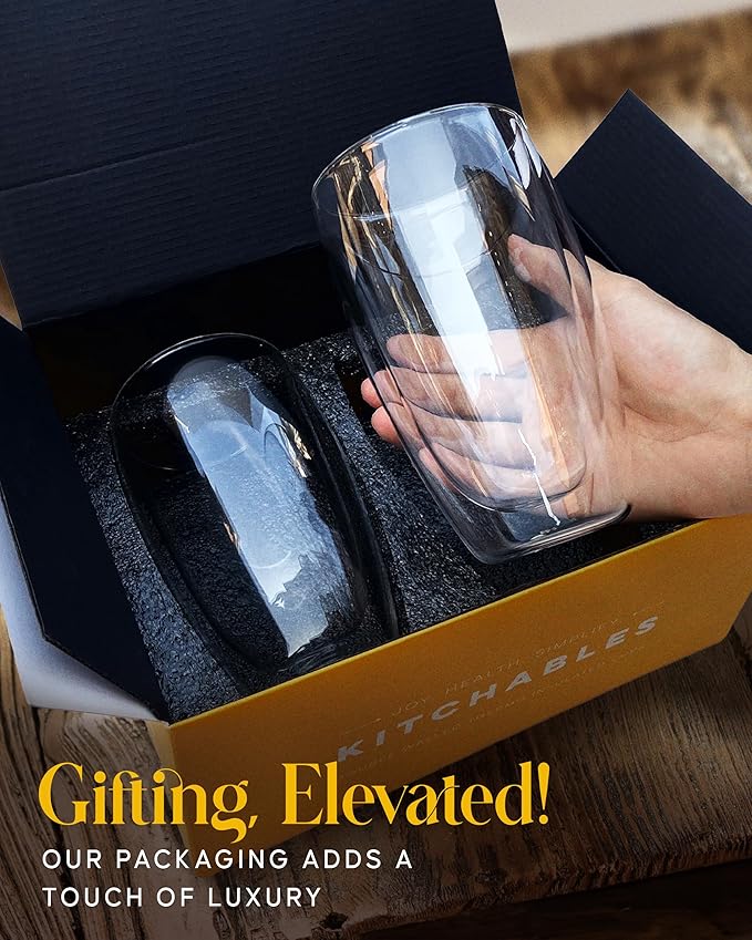 Kitchables Double Walled Glass Coffee Mugs Set of 2, 15oz Insulated Glass Coffee Mugs for Cappuccino, Latte, Tea, Espresso - Latte Cup - Tazas Para Cafe