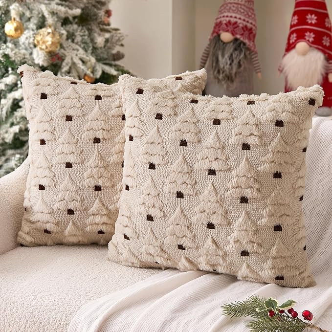 MIULEE Christmas Tree Decorative Pillow Covers Faux Fur Wool Throw Pillows Soft Plush Cushion Covers Set of 2 Xmas Home Decor Winter Holiday for Sofa Couch Livingroom Bed 20x20 Inch Beige