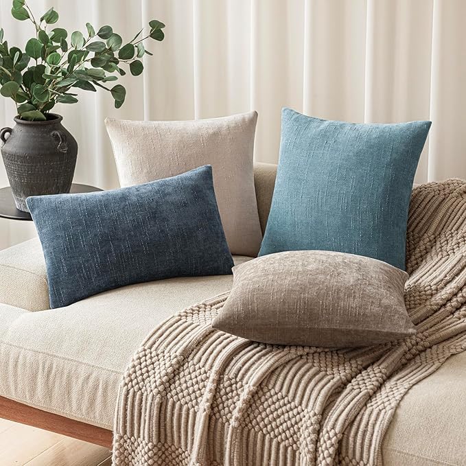 Foindtower Pack of 2 Textured Chenille Throw Decorative Pillow Covers Square Accent Solid Cushion Cover Neutral Farmhouse Pillow Case for Couch Sofa Bedroom Living Room 20x20 Inch,Light Blue