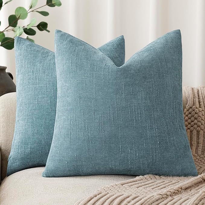 Foindtower Pack of 2 Textured Chenille Throw Decorative Pillow Covers Square Accent Solid Cushion Cover Neutral Farmhouse Pillow Case for Couch Sofa Bedroom Living Room 20x20 Inch,Light Blue