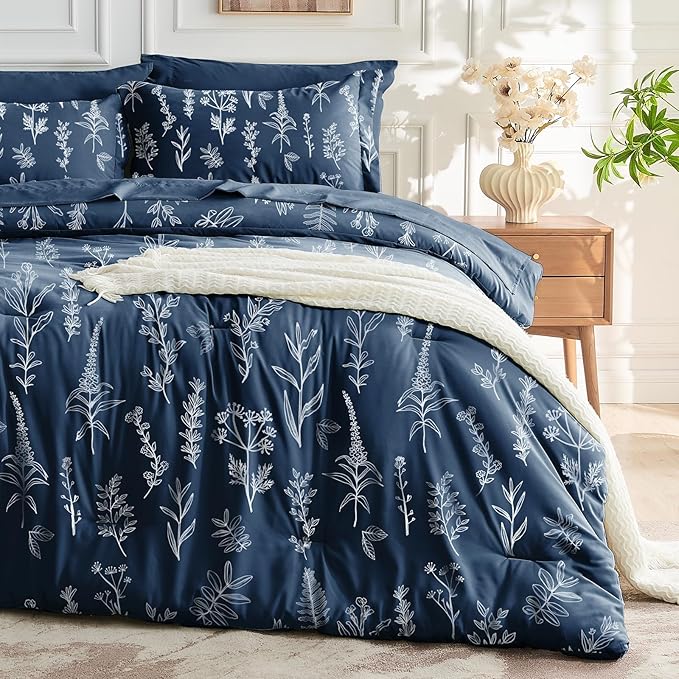 MUXHOMO Navy Blue Full Comforter Set, Elegant Floral Print Bed in a Bag 7 Pieces, Ultra Soft & Breathable Reversible Botanical Pattern Bedding Set with Comforter, Sheets, Pillowcases, and Shams