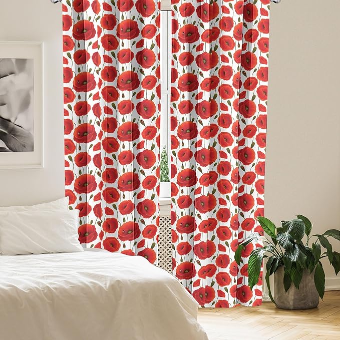 Ambesonne Poppy Flower Window Curtains Pack of 2, Springs Ladybugs Animals and Plants Flora Fauna Nature, Lightweight Set with Rod Pocket, 4 Panels of - 28" x 95", Burnt Orange Olive Green