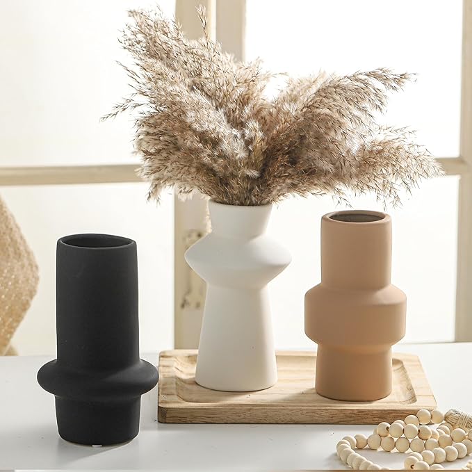 Modern Ceramic Vase Set of 3, 8 inch Simple Geometric Lines Vase for Pampas Grass Dried Fresh Flowers, Home Decor, Bedroom, Living Room, Bookshelf Decoration, Neutral Minimalist Nordic Style