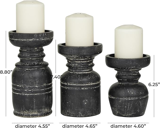 Deco 79 Wood Decorative Candle Holder Candle Stand, Set of 3 Candlestick Holder 9", 7", 6"H, Black