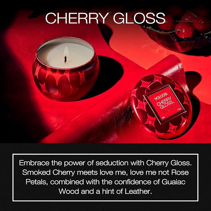 Voluspa Cherry Gloss Mini Tin Candle, 4 oz, Coconut Wax Blend, Scented Candles for Home, 25 Hour Burn Time, Fruity Candle, Handcrafted in The USA