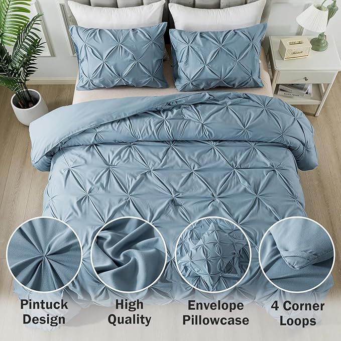 Andency Grayish Blue Pinch Pleat Comforter Twin(66x90Inch), All Season 2 Pieces(1 Pintuck Comforter, 1 Pillowcase) Microfiber Pintuck Comforter Sets Down Alternative Comforter Bedding Set