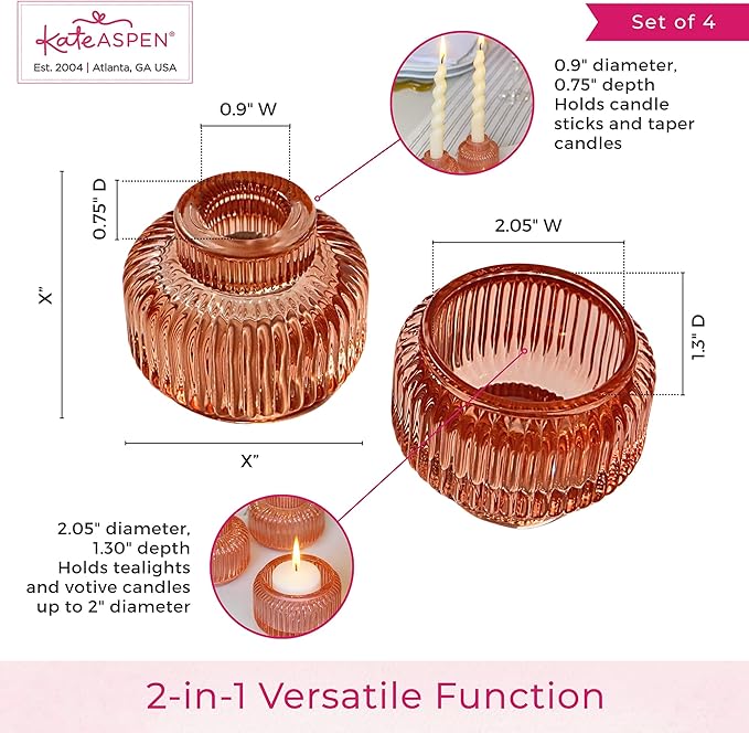 Kate Aspen Rose Gold Taper Candle Holders for Candlesticks Set of 4, Ribbed Glass Candlestick Holders, Votive Candle Holder Decor Accents, Pink Room Styling, Wedding & Home Centerpieces, Table Decor