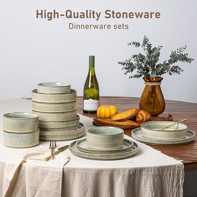 GBHOME Stoneware Dinnerware Sets for 6,Round Reactive Glaze Ceramic Plates and Bowls Set,Highly Scratch Resistant | Dishwasher & Microwave Safe Dishes Set,Service for 6(18Pcs)