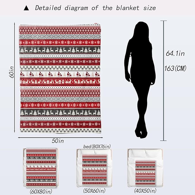 Christmas Decorative Throw Blanket Red White Nordic Reindeer Snowflake Print Decoration, Soft Flannel Winter Blankets for Couch Bed Sofa, Holiday Home Decor, Xmas Festival Gifts 50x60 Inch