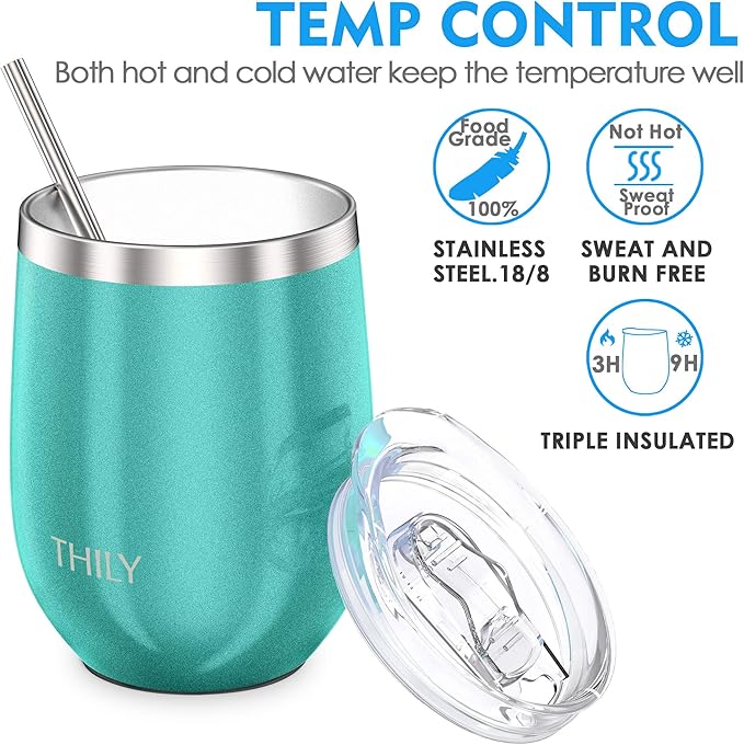 THILY Stainless Steel Stemless Wine Glasses 4 Pack Vacuum Insulated Cute Travel Wine Tumbler Set with Splash-proof Lids, Reusable Straws, Keep Cold & Hot for Wine, Coffee, Teal