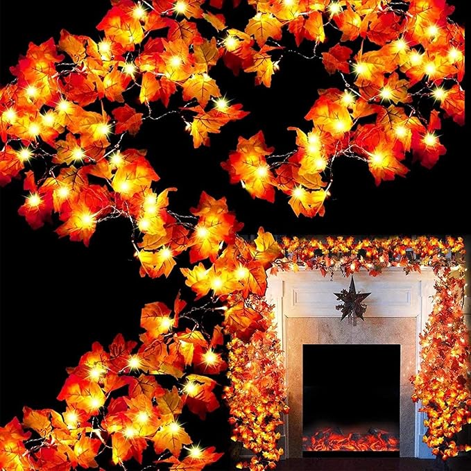 TURNMEON 6 Pack Thanksgiving Decorations Enlarged Maples Leafed Garland, 60Ft 120LED Fall Decor for Home Fall Lights, Battery Operated Waterproof Thanksgiving Decor Indoor Outdoor Christmas Halloween
